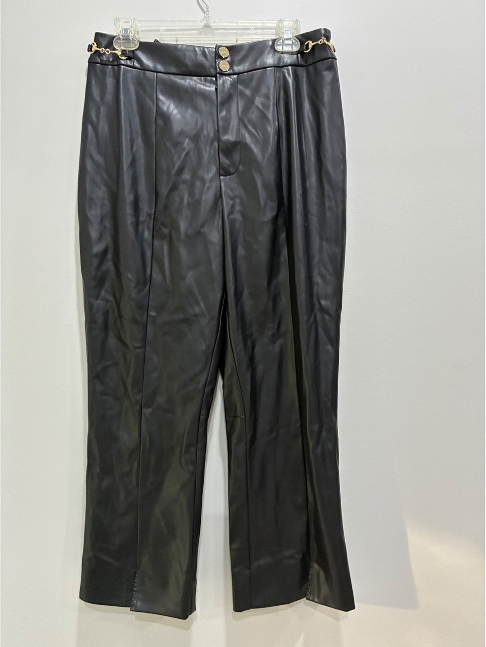 Caché Black Faux Leather Pants with Gold Chain Detail Size 12